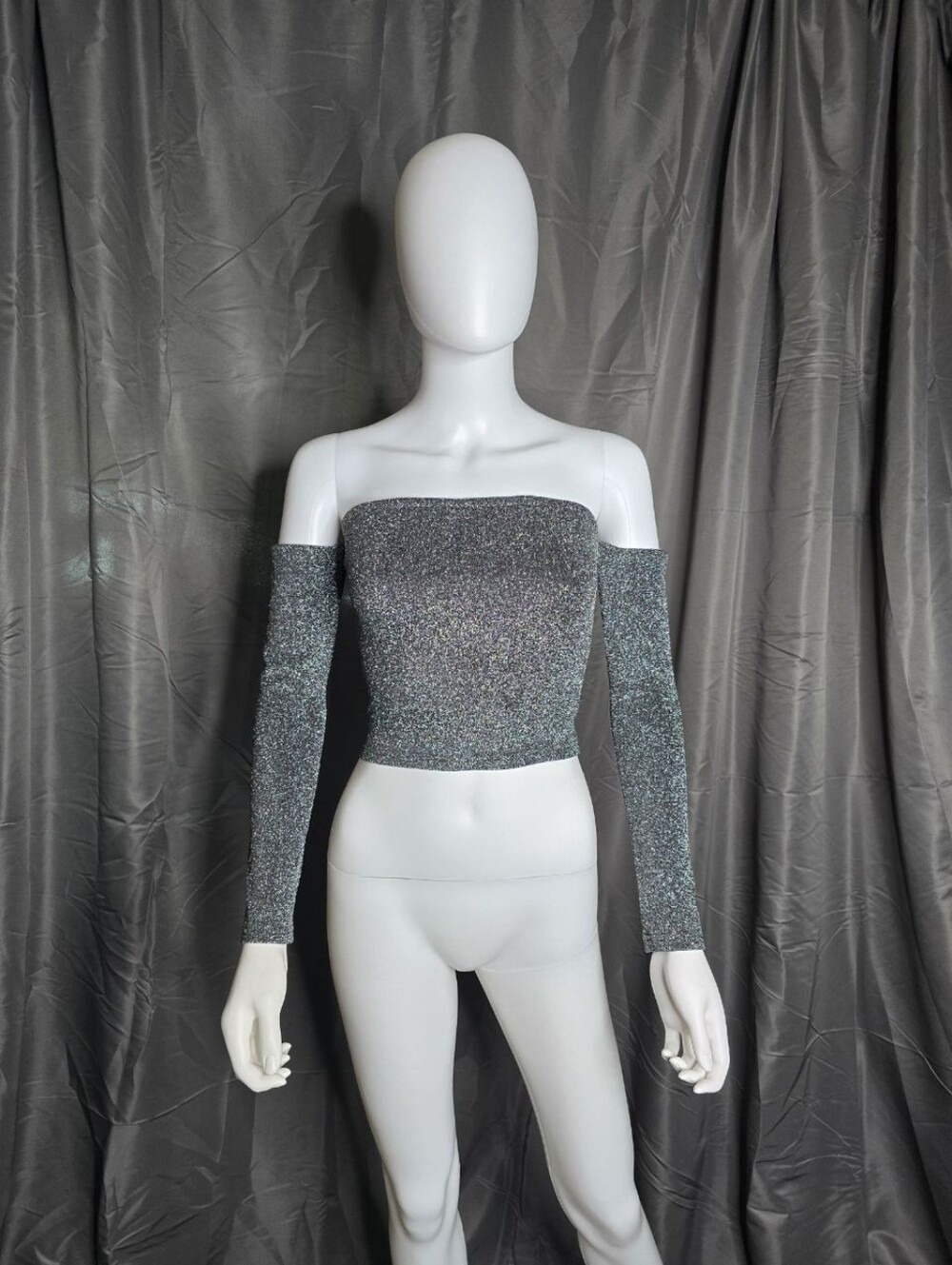 Forever 21 Sparkle Off-Shoulder Long Sleeve Crop Top - Silver Glitter